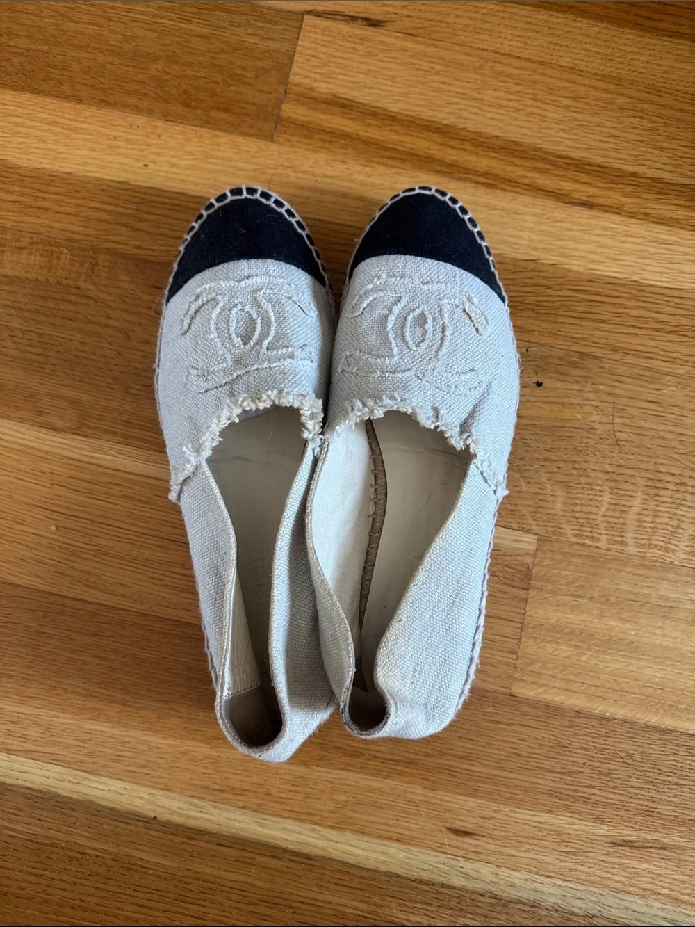 CHANEL Cream and Black Canvas Espadrilles